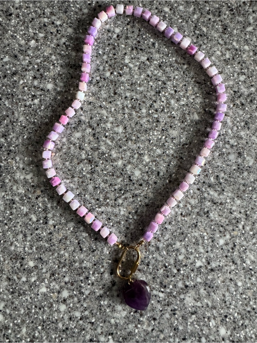 Handmade Pink & Purple Beaded Heart Pendant Necklace